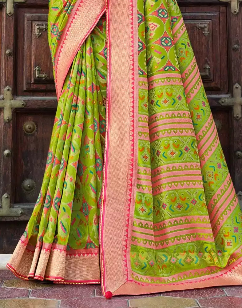 Image of Parrot Green Brasso Fancy Saree