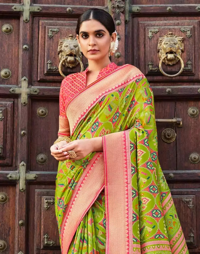 Image of Parrot Green Brasso Fancy Saree