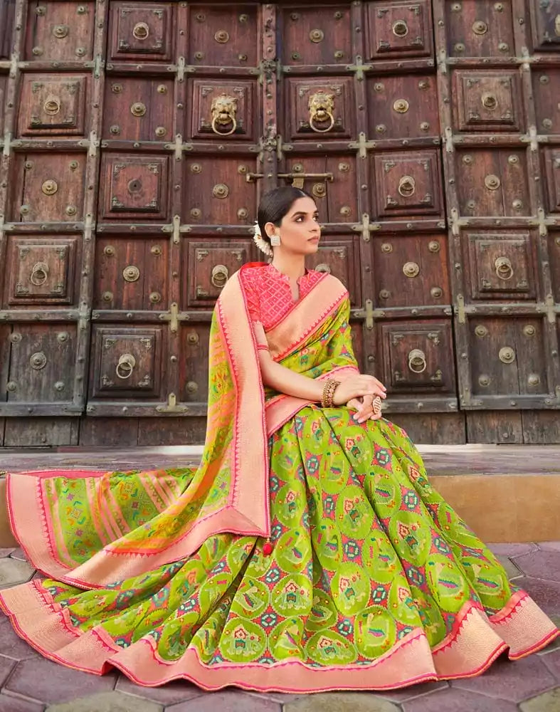 Image of Parrot Green Brasso Fancy Saree