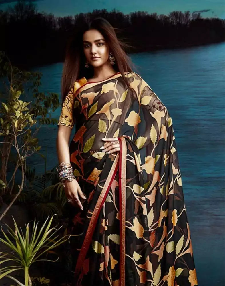 Image of Black Botanical Print Chiffon Saree