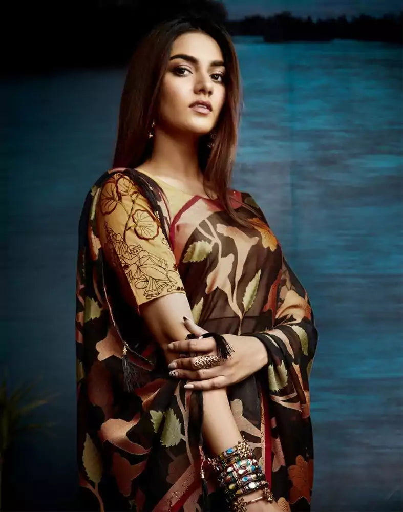 Image of Black Botanical Print Chiffon Saree