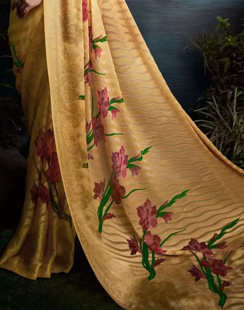Image of Beige Striped Print Chiffon Saree