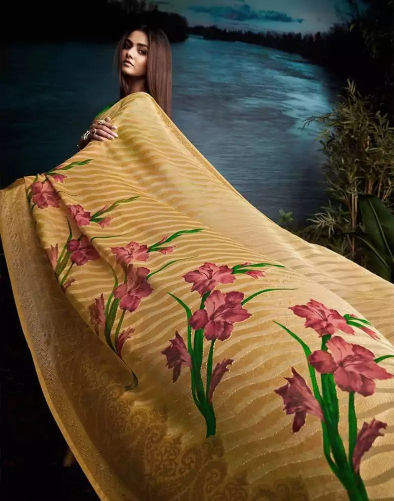 Image of Beige Striped Print Chiffon Saree