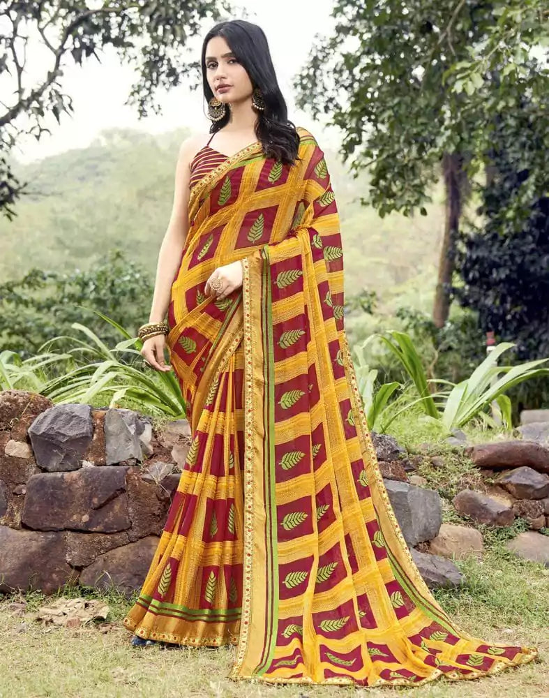 Image of Maroon Botanical Print Brasso Saree