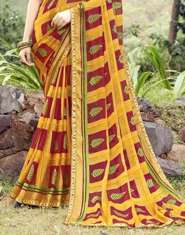 Maroon Botanical Print Brasso Saree