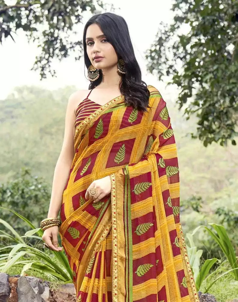 Image of Maroon Botanical Print Brasso Saree