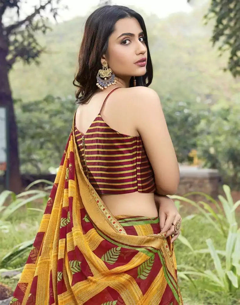 Image of Maroon Botanical Print Brasso Saree
