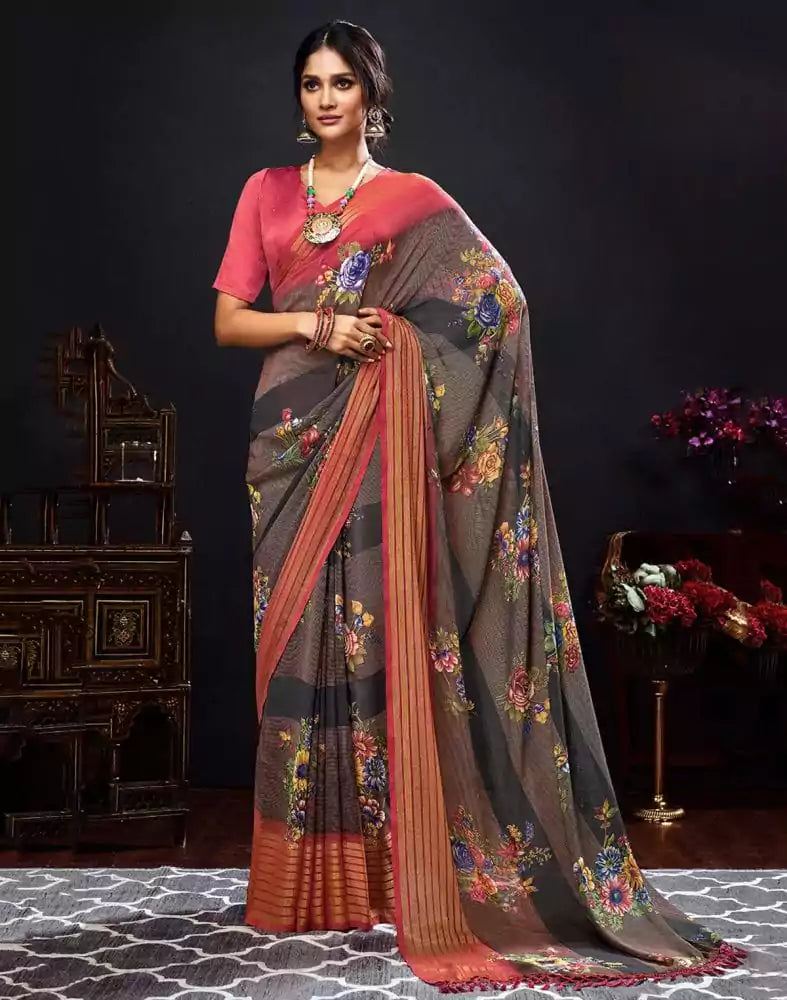 Image of Grey Floral Print Chiffon Fabric Saree