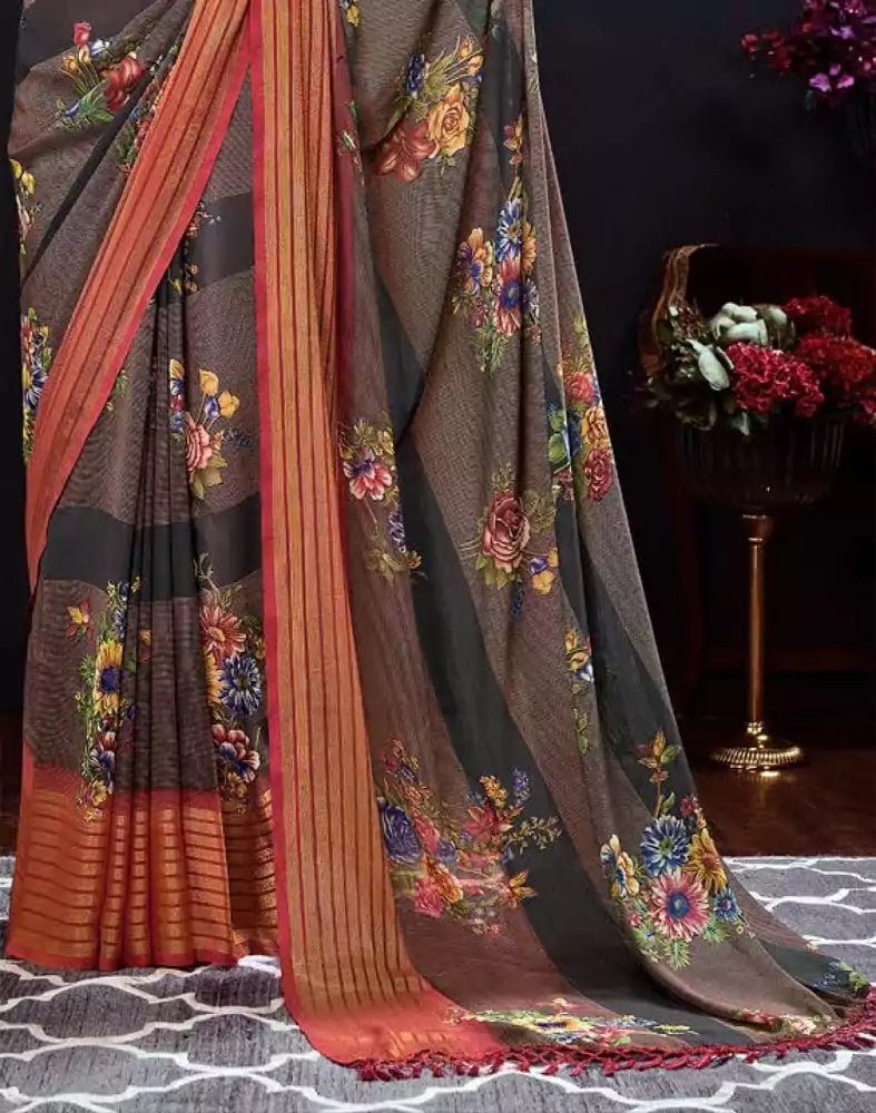 Image of Grey Floral Print Chiffon Fabric Saree