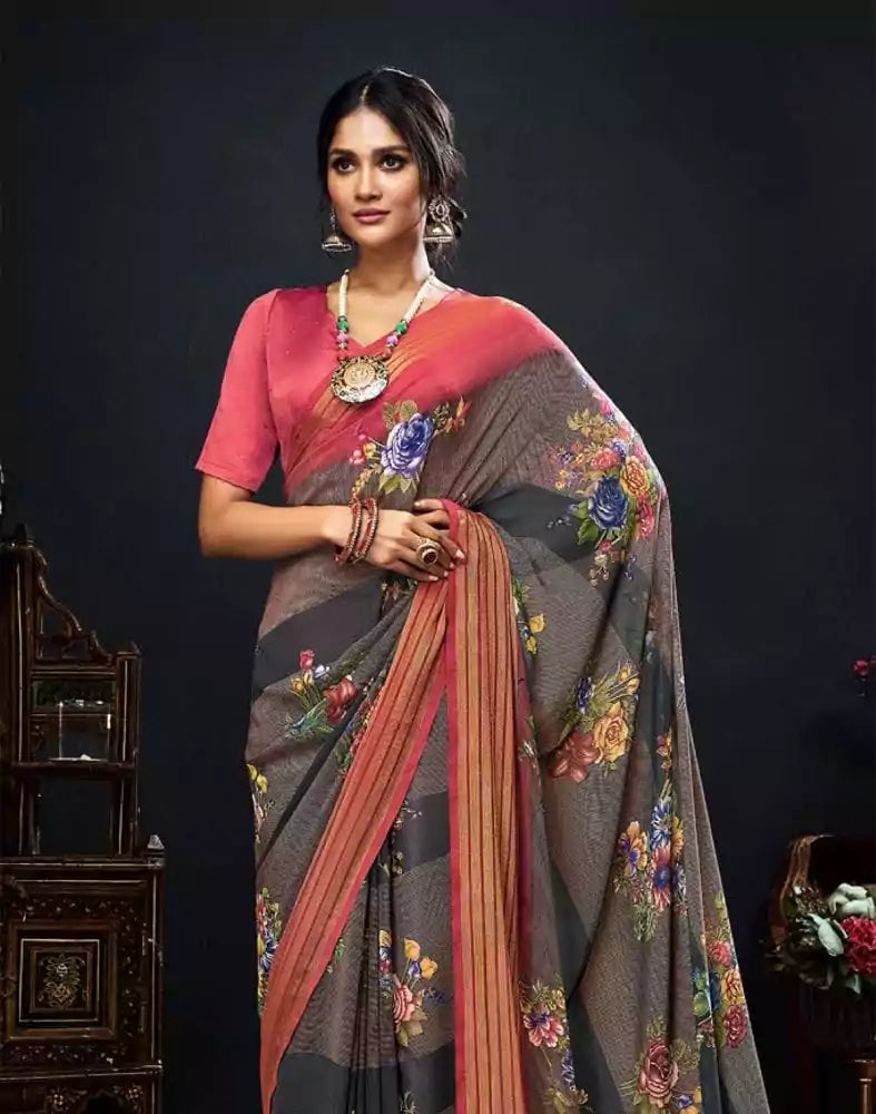 Image of Grey Floral Print Chiffon Fabric Saree