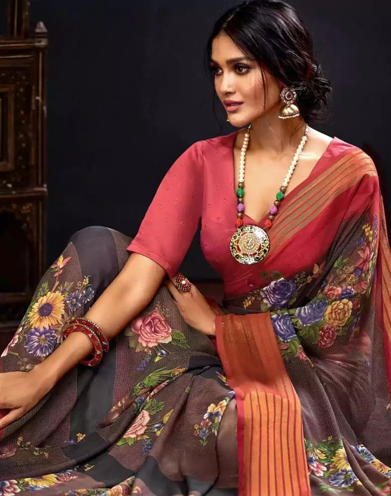 Image of Grey Floral Print Chiffon Fabric Saree