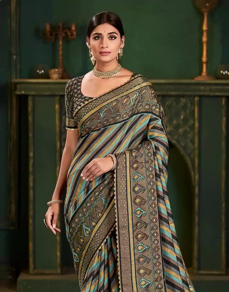 Image of Multi Color Striped Pattern Patola Saree