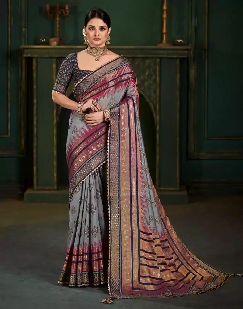 Image of Grey Botanical Print Patola Saree