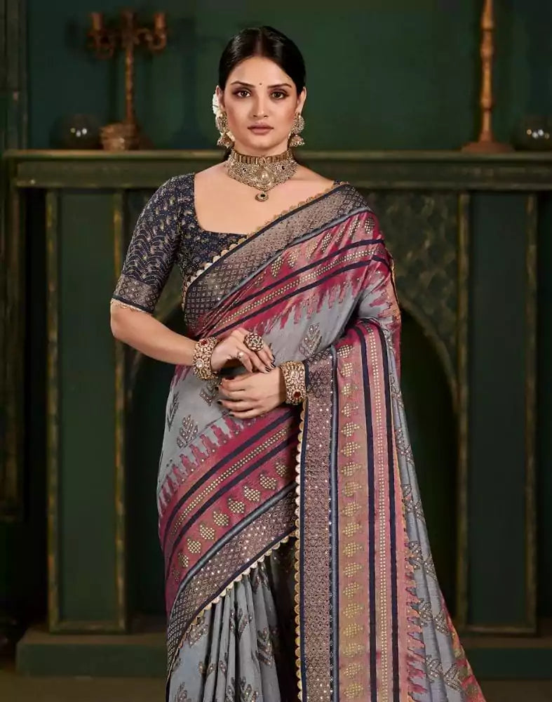 Image of Grey Botanical Print Patola Saree