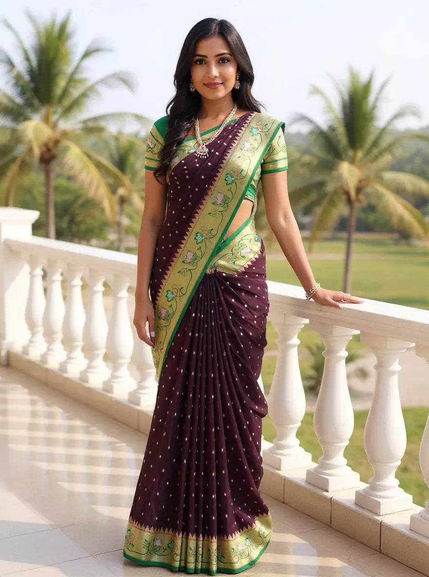 Image of Wine Zari Booti's Semi Georgette Fancy Saree