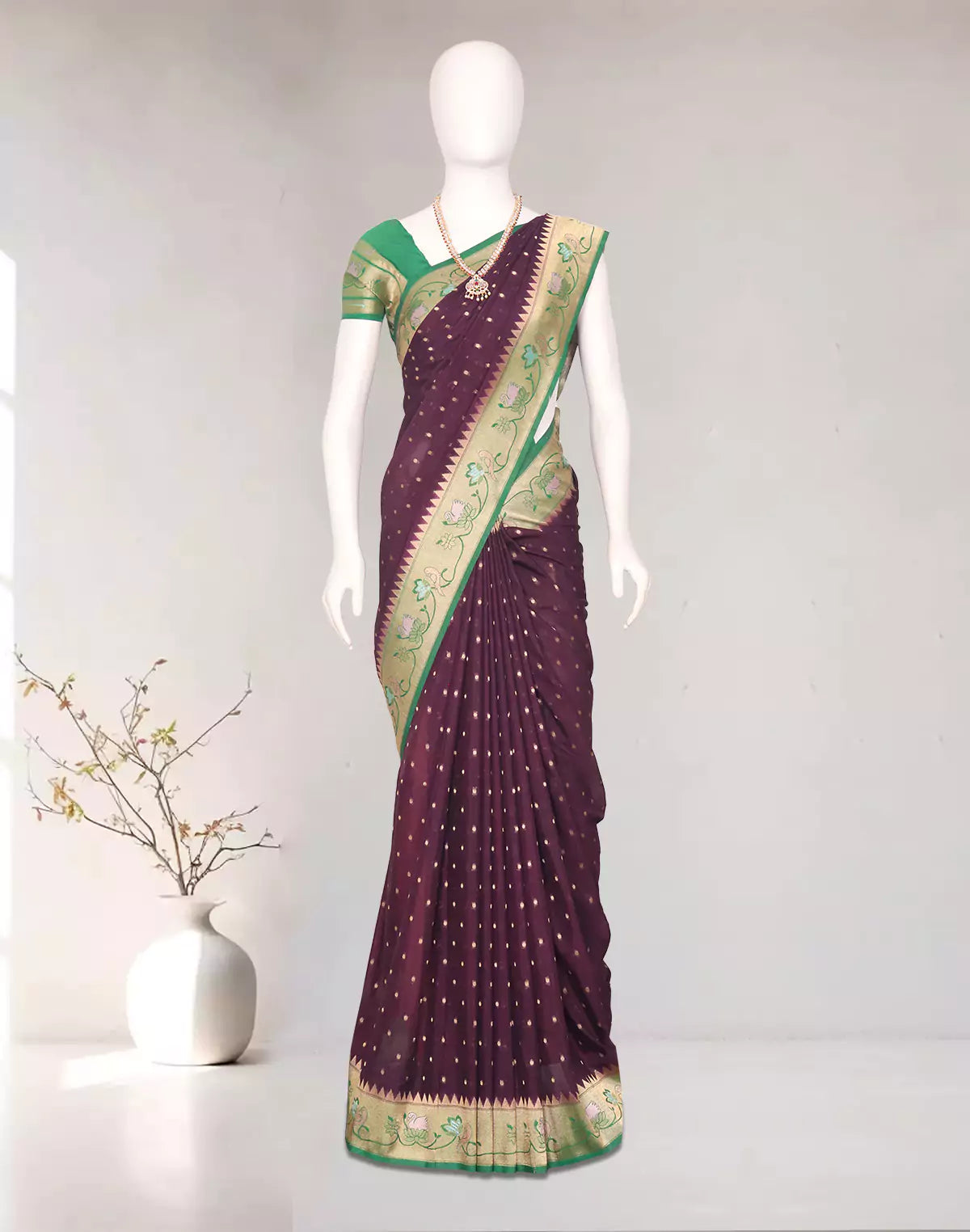 Wine Zari Booti's Semi Georgette Fancy Saree