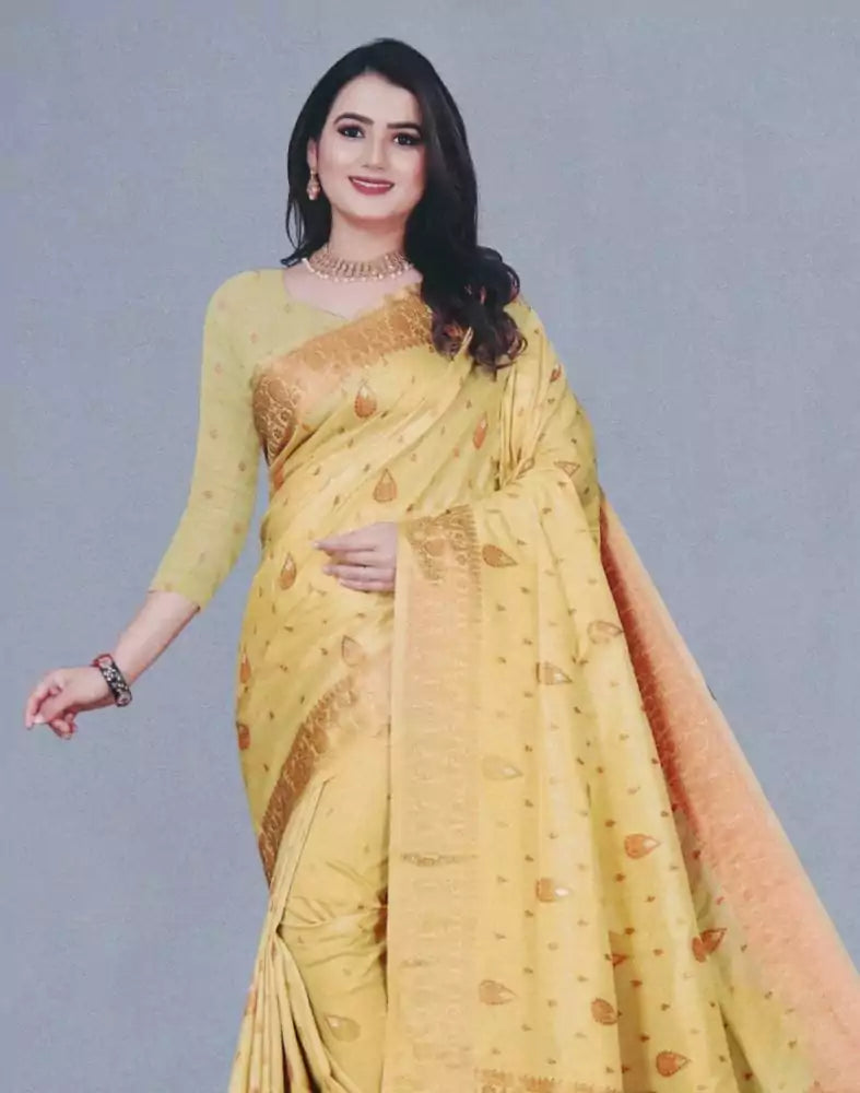Image of Mustard Botanical Copper Zari Semi-Jute Saree