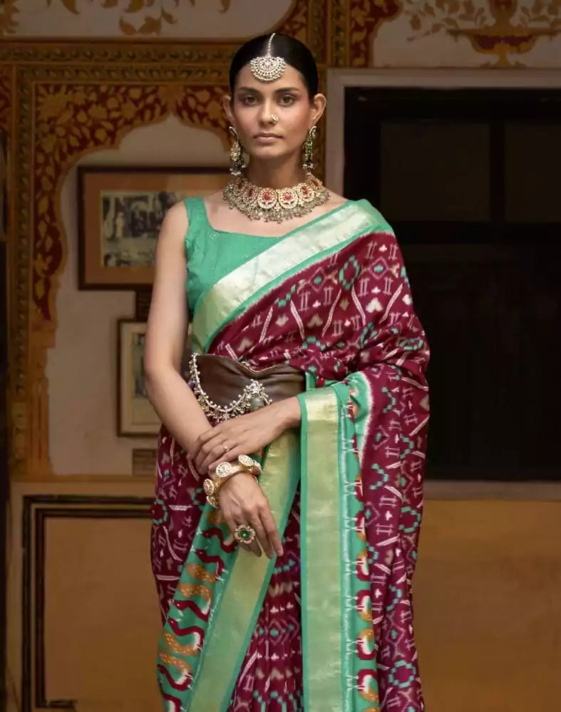 Image of Beautiful Maroon Colour Ikat Print Dola Silk Saree