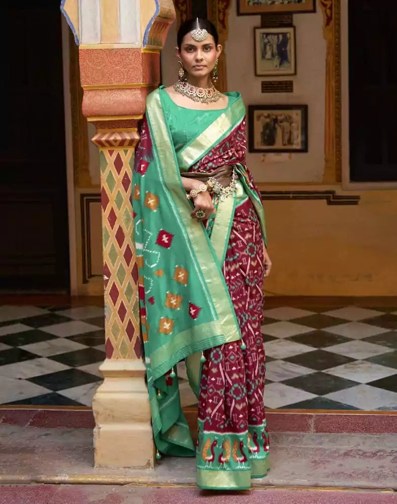 Image of Beautiful Maroon Colour Ikat Print Dola Silk Saree