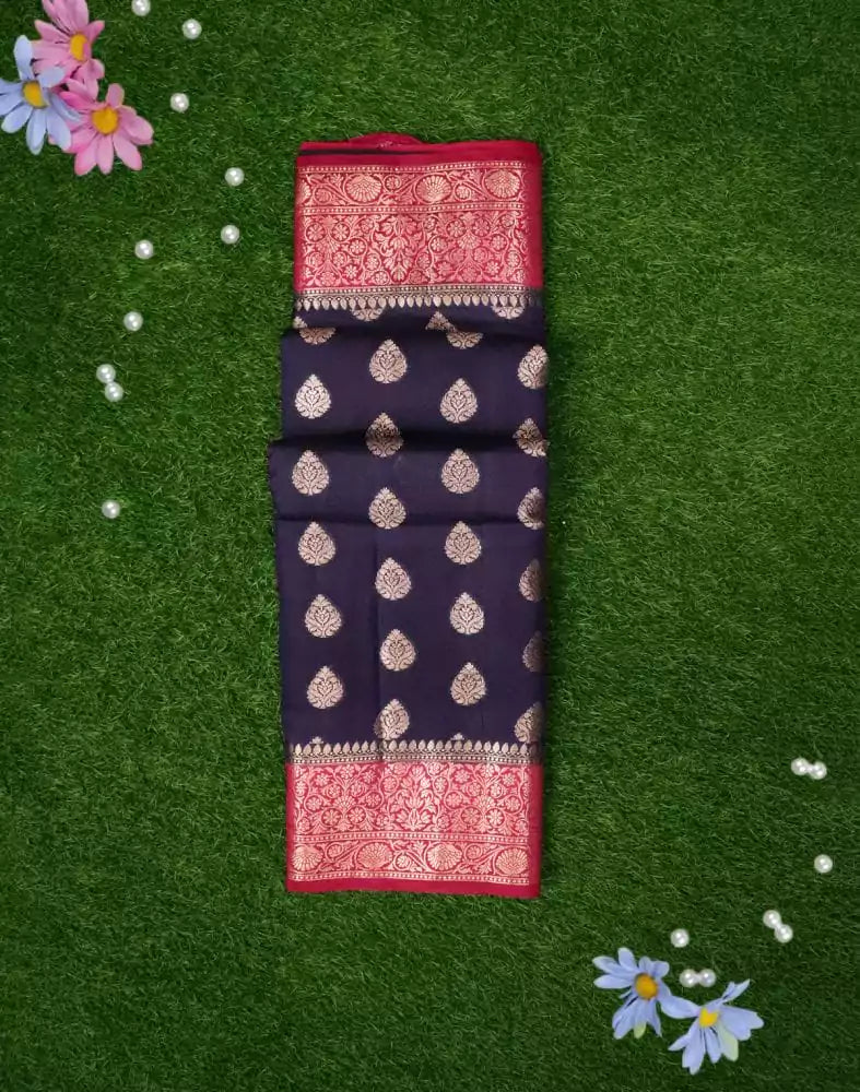 Image of Navy Blue Botanical Pure Dupion Saree