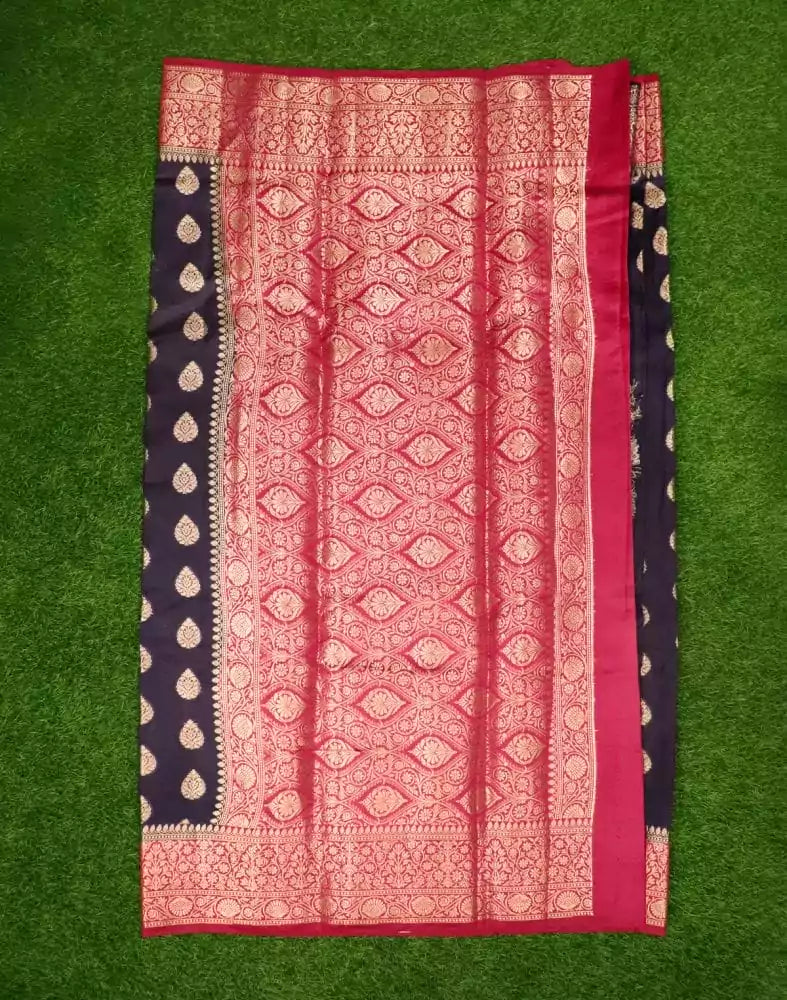 Image of Navy Blue Botanical Pure Dupion Saree