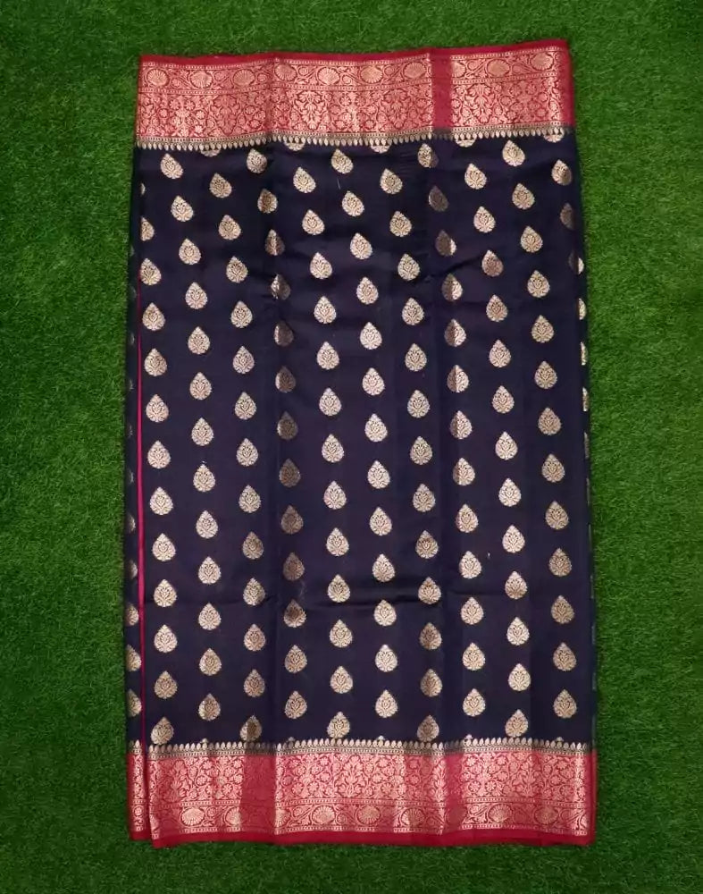 Image of Navy Blue Botanical Pure Dupion Saree