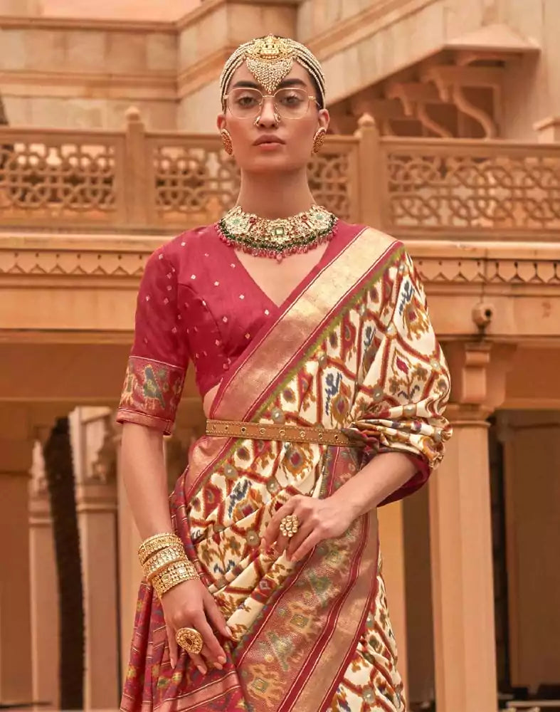 Image of Ikat Print Cream Colour Patola Silk Saree