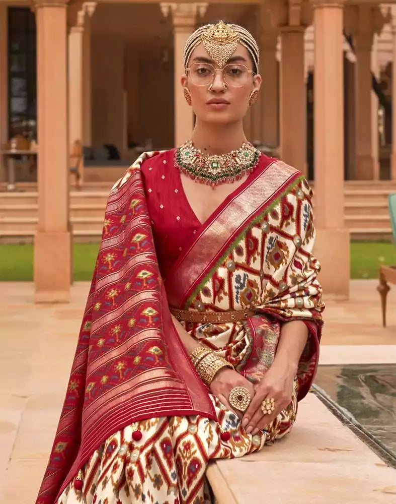 Image of Ikat Print Cream Colour Patola Silk Saree