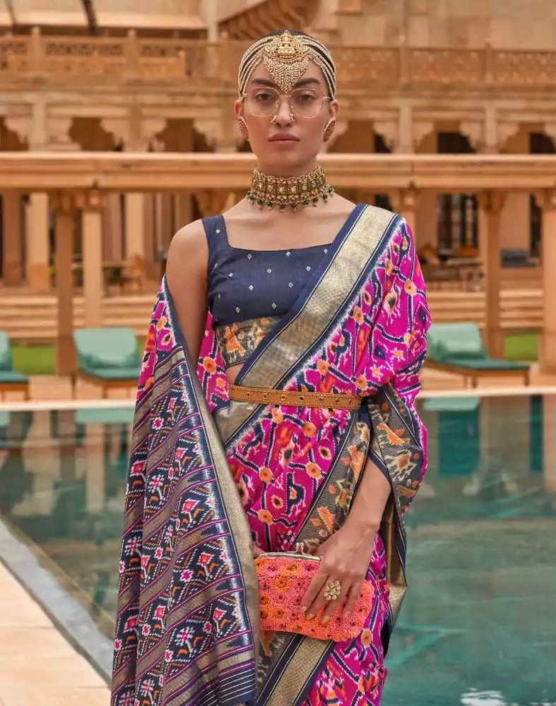 Image of Pink Ikat Woven Patola Silk Saree