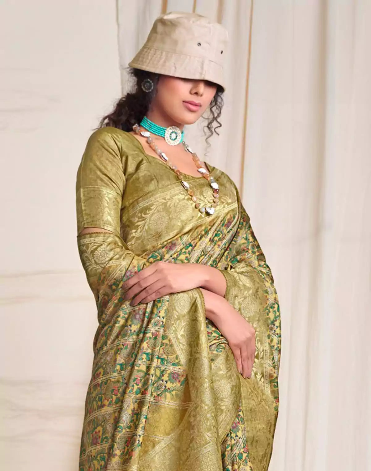 Image of Mehendi Green all over Graphic Print Dola Silk Saree