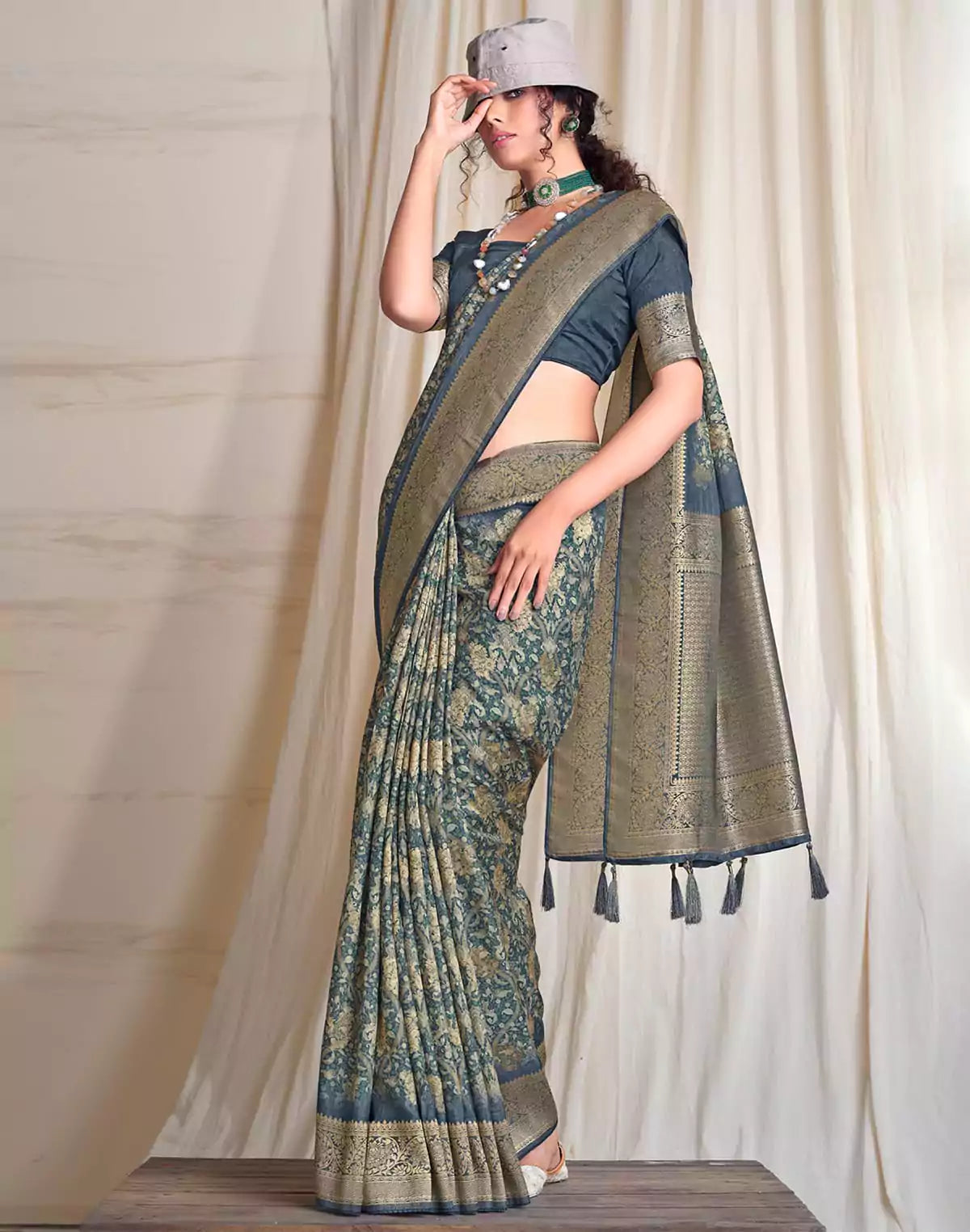 Image of Light Blue Floral design Soft Dola Silk Saree