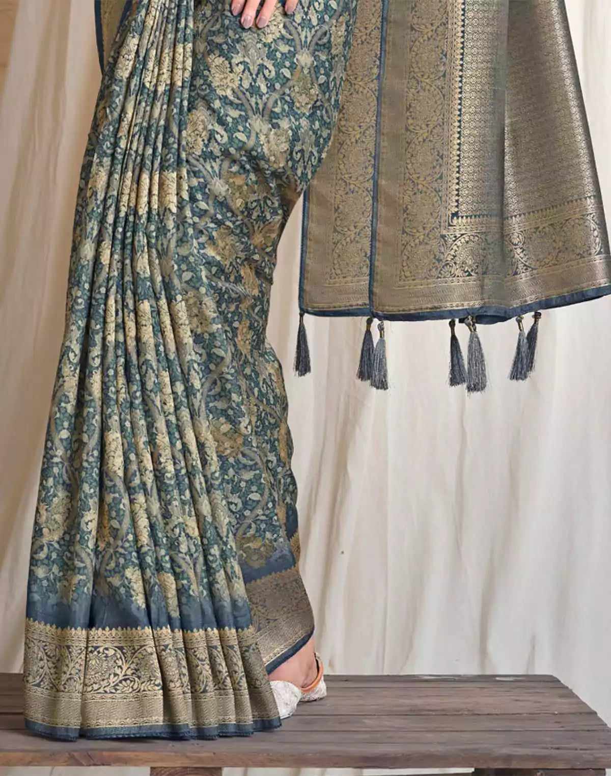 Image of Light Blue Floral design Soft Dola Silk Saree