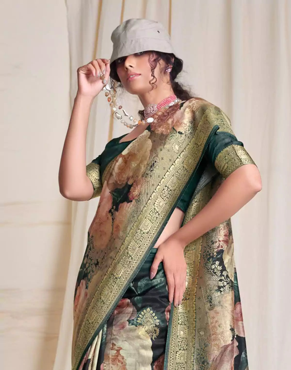Image of Green all over Floral Dola Silk Saree