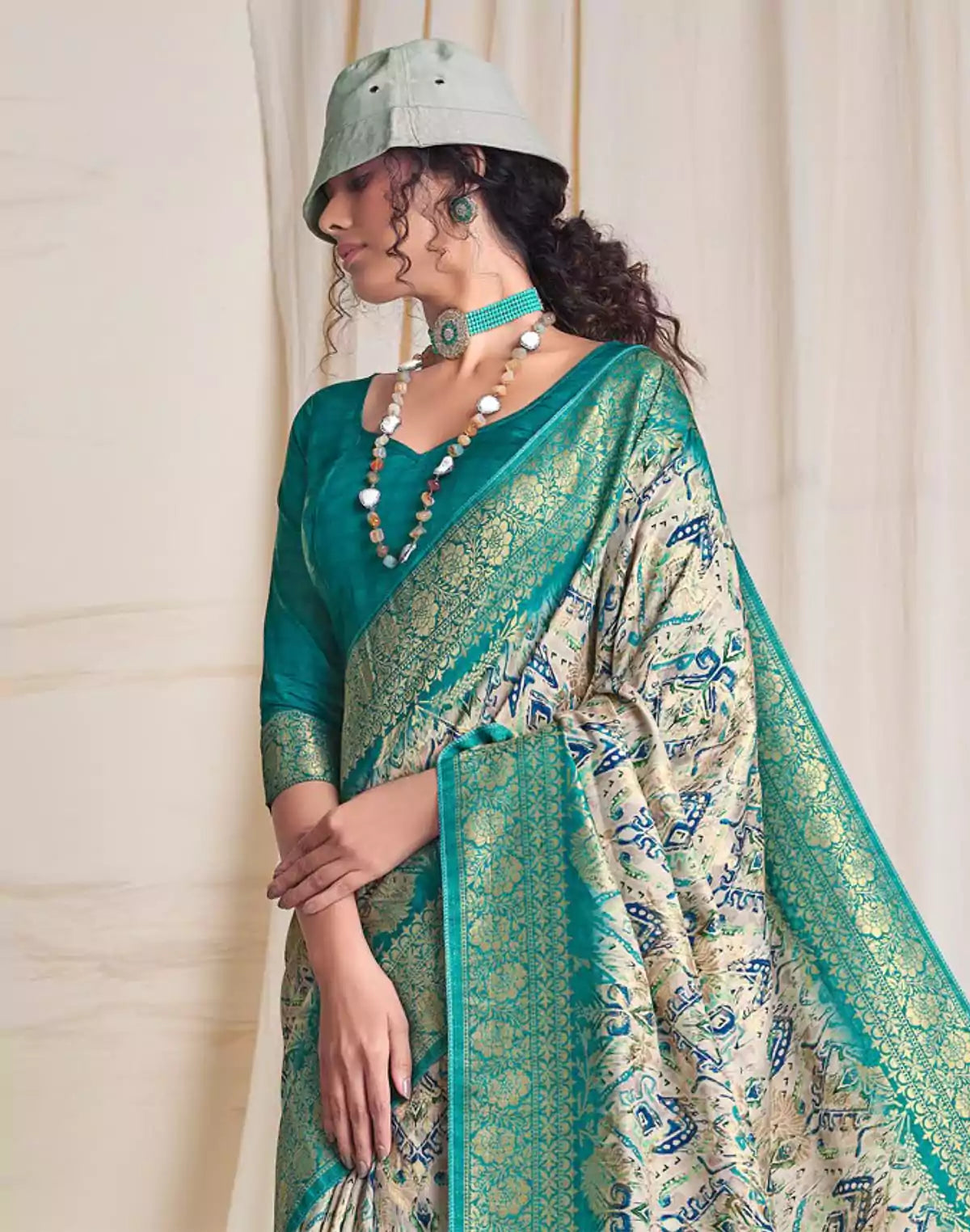Image of Cream Coloured Floral Dola Silk Contrast Border Saree