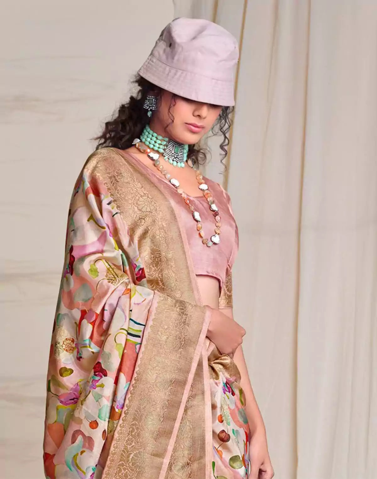 Image of Peach Graphic Print Soft Dola Silk Saree