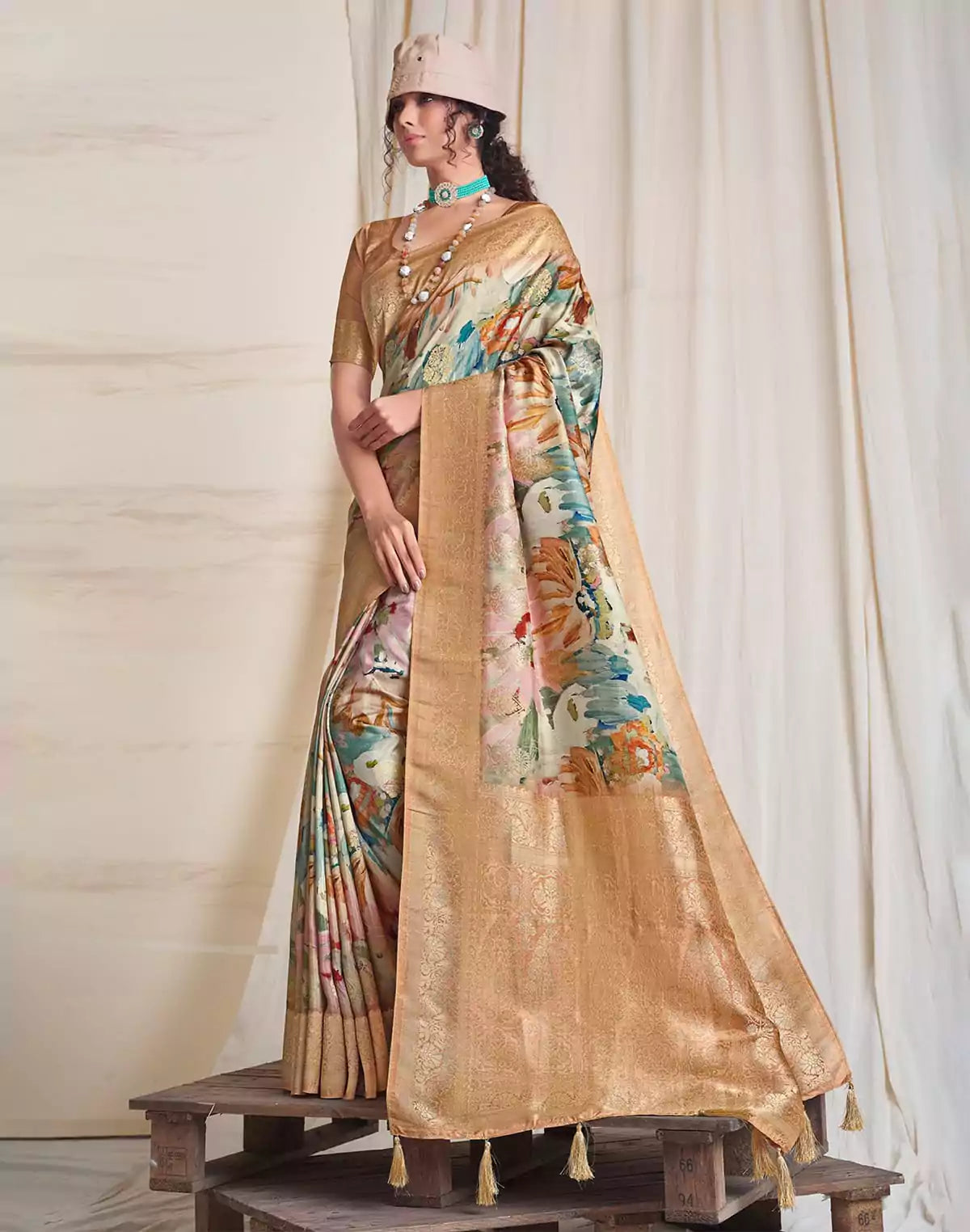 Image of Stylish Beige Soft Dola Silk Saree