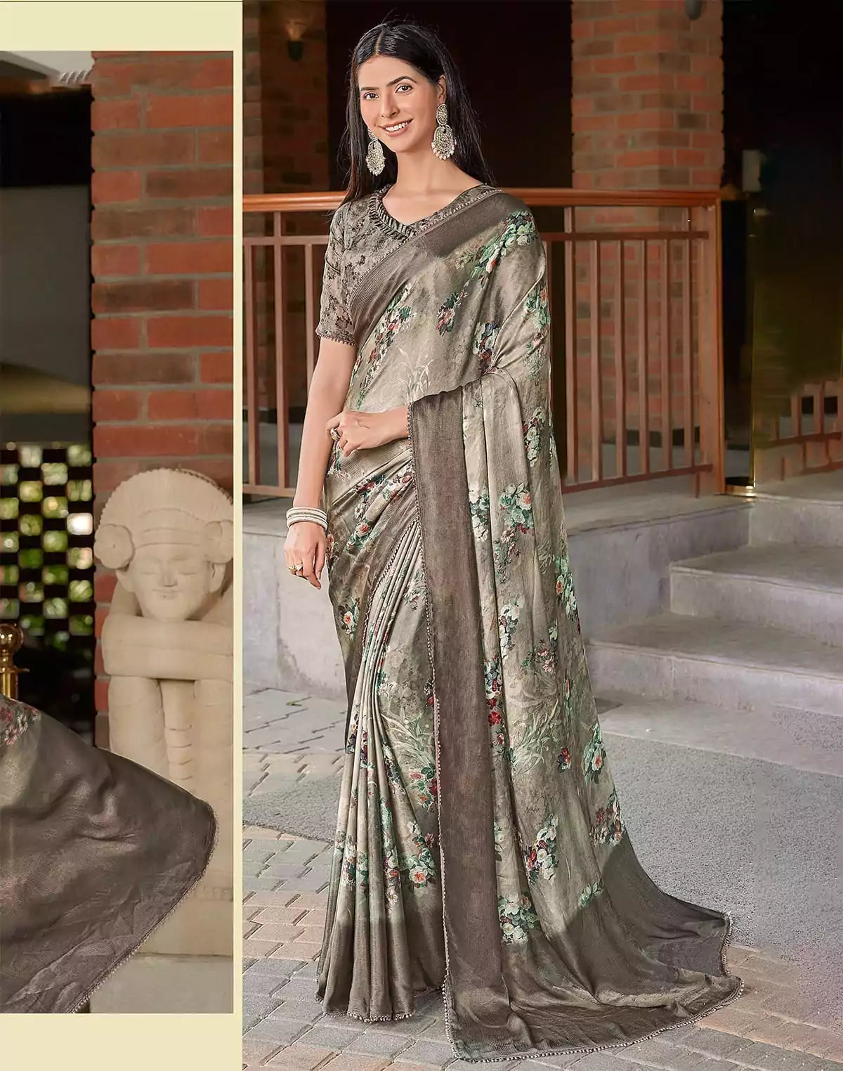 Image of Light Green Floral Design Dola Silk Saree