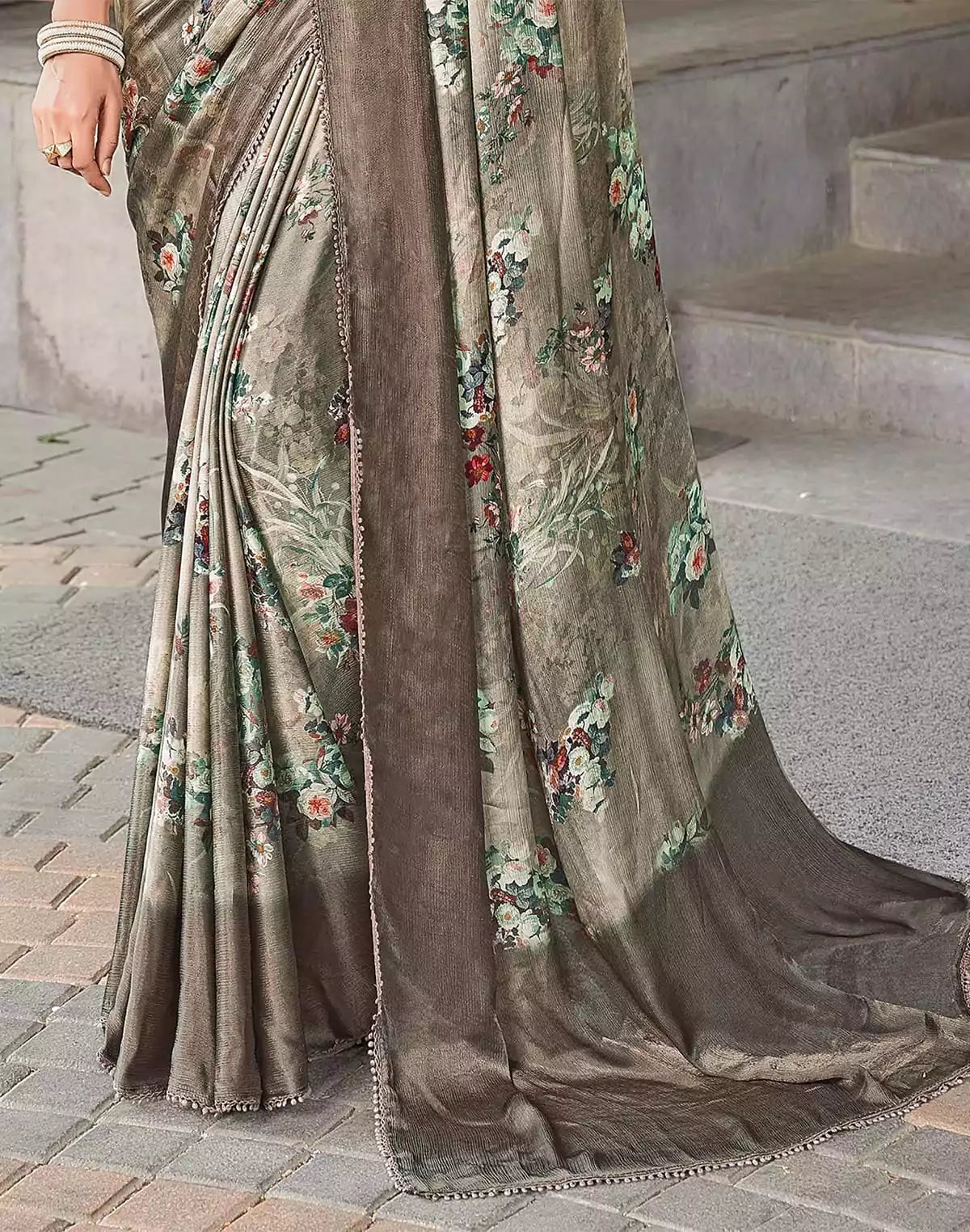 Image of Light Green Floral Design Dola Silk Saree
