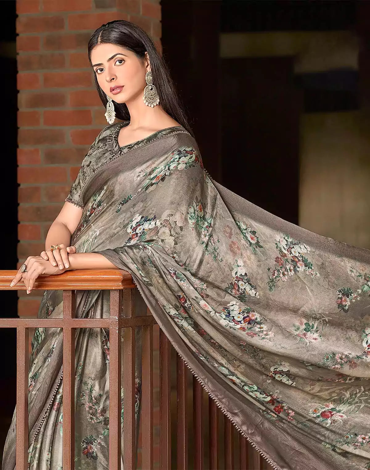 Image of Light Green Floral Design Dola Silk Saree