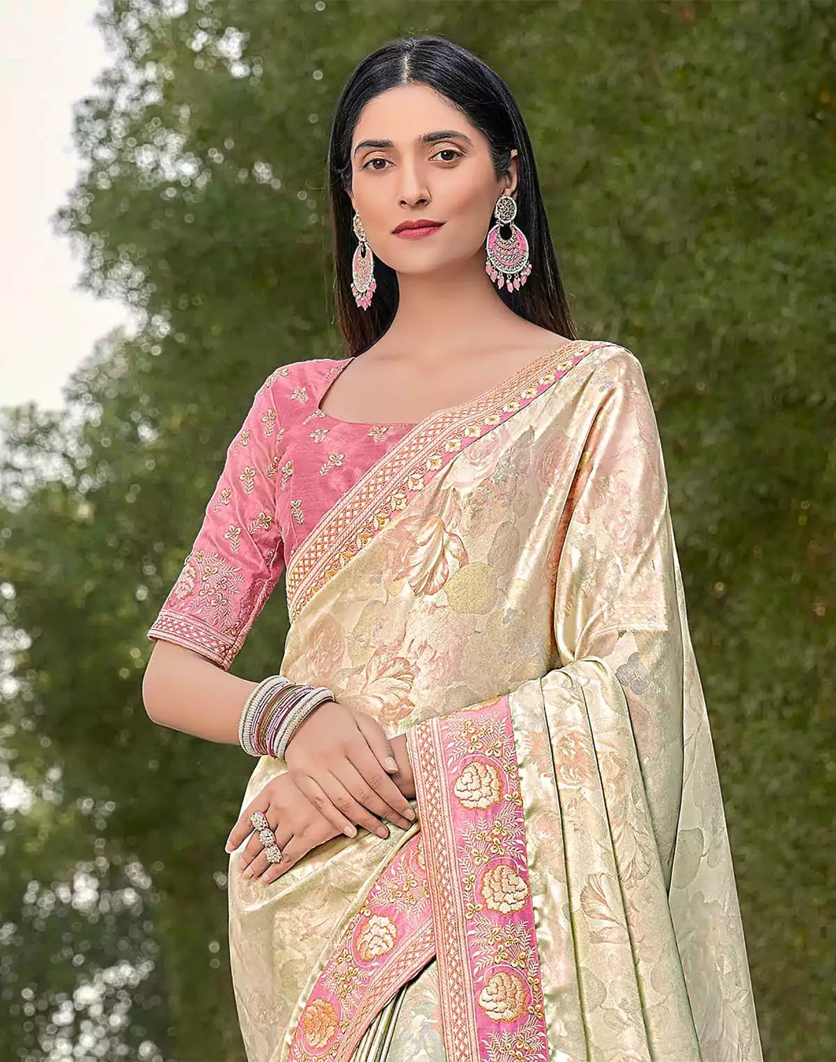 Image of Light Pista Green Dola Silk Saree with work Blouse