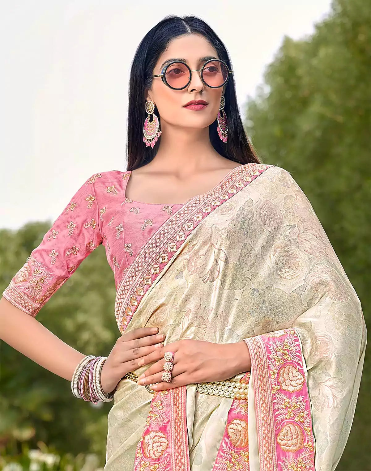 Image of Light Pista Green Dola Silk Saree with work Blouse