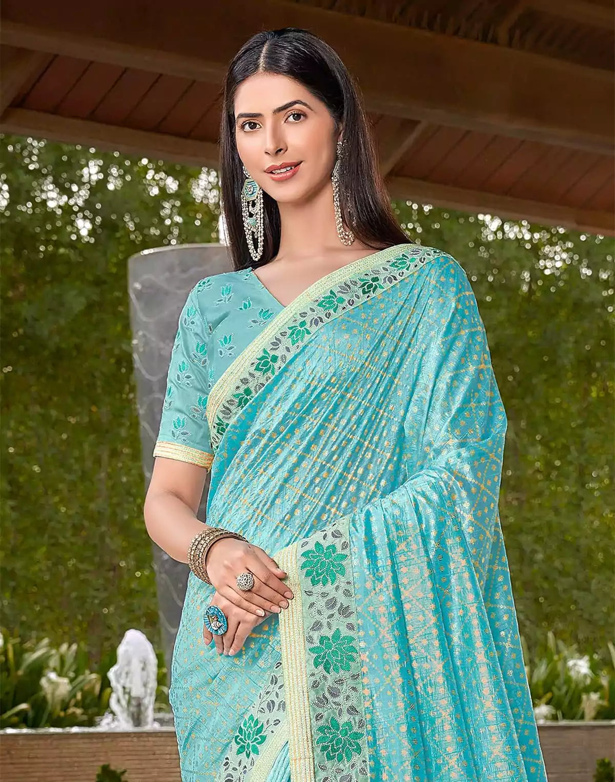 Image of Beautiful Sky Blue Coloured Dola Silk Saree