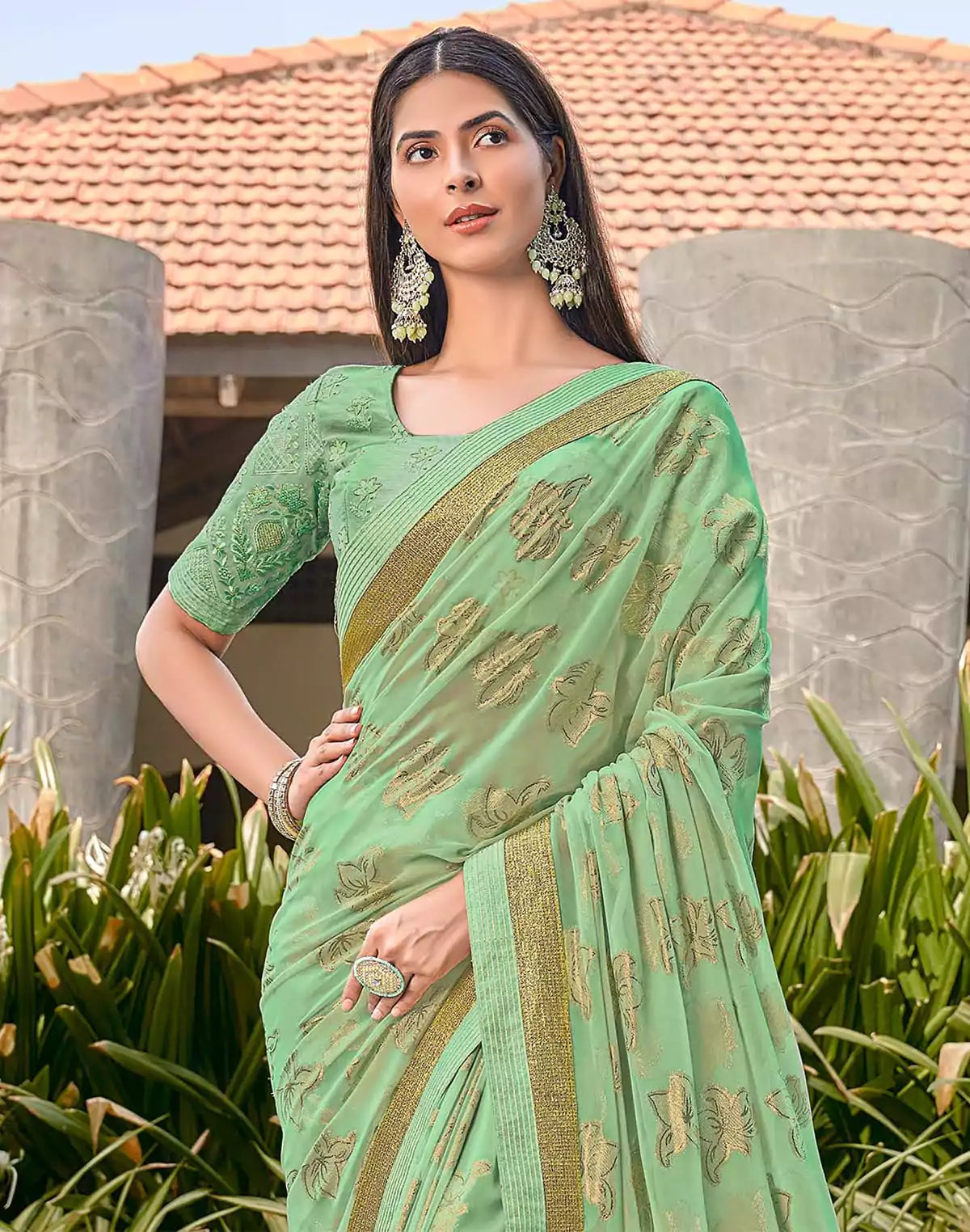Image of Light Green Floral Pattern Dola Silk Fancy Saree