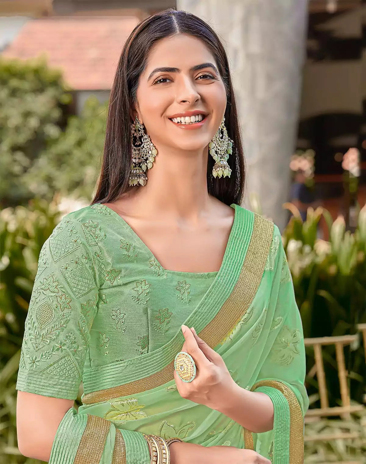Image of Light Green Floral Pattern Dola Silk Fancy Saree