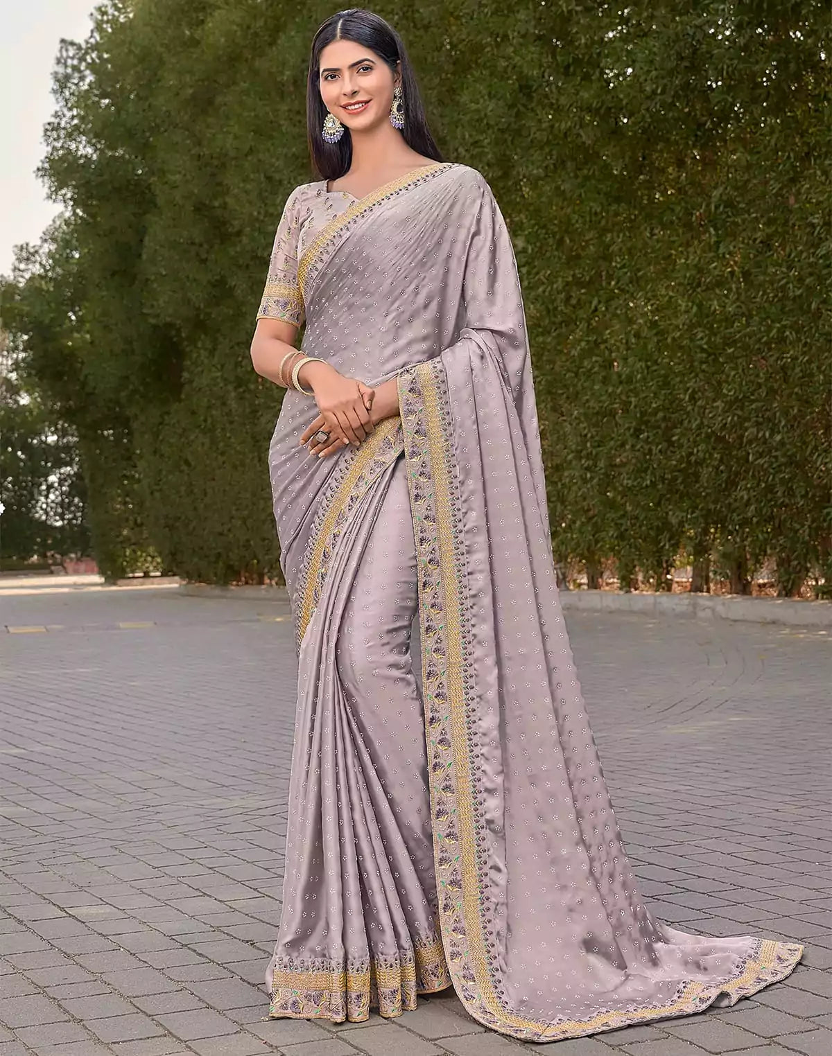 Image of Light Grey Dola Silk Saree with embroidery work Blouse