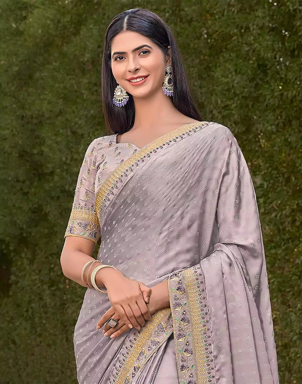 Image of Light Grey Dola Silk Saree with embroidery work Blouse
