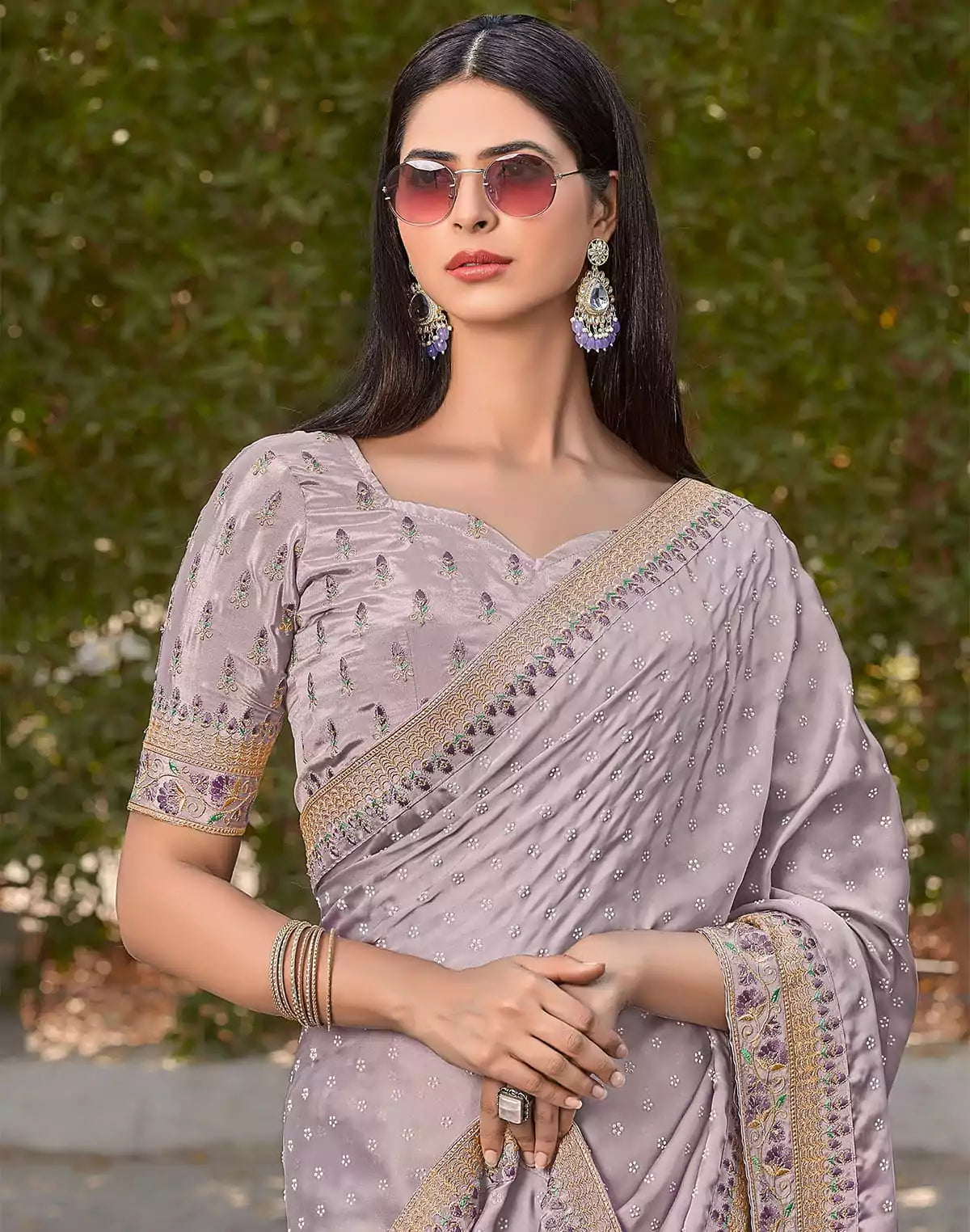 Image of Light Grey Dola Silk Saree with embroidery work Blouse