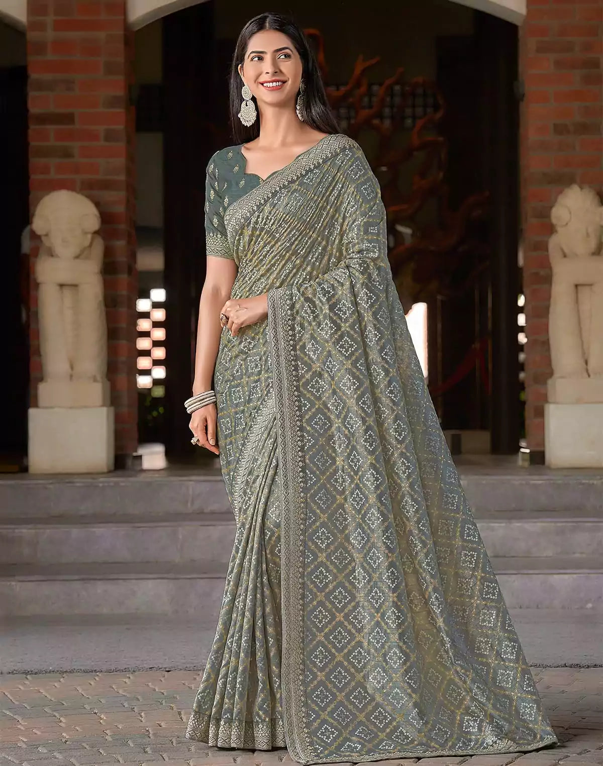 Image of Grey Bandhini Print Soft Dola Silk Saree with work Blouse
