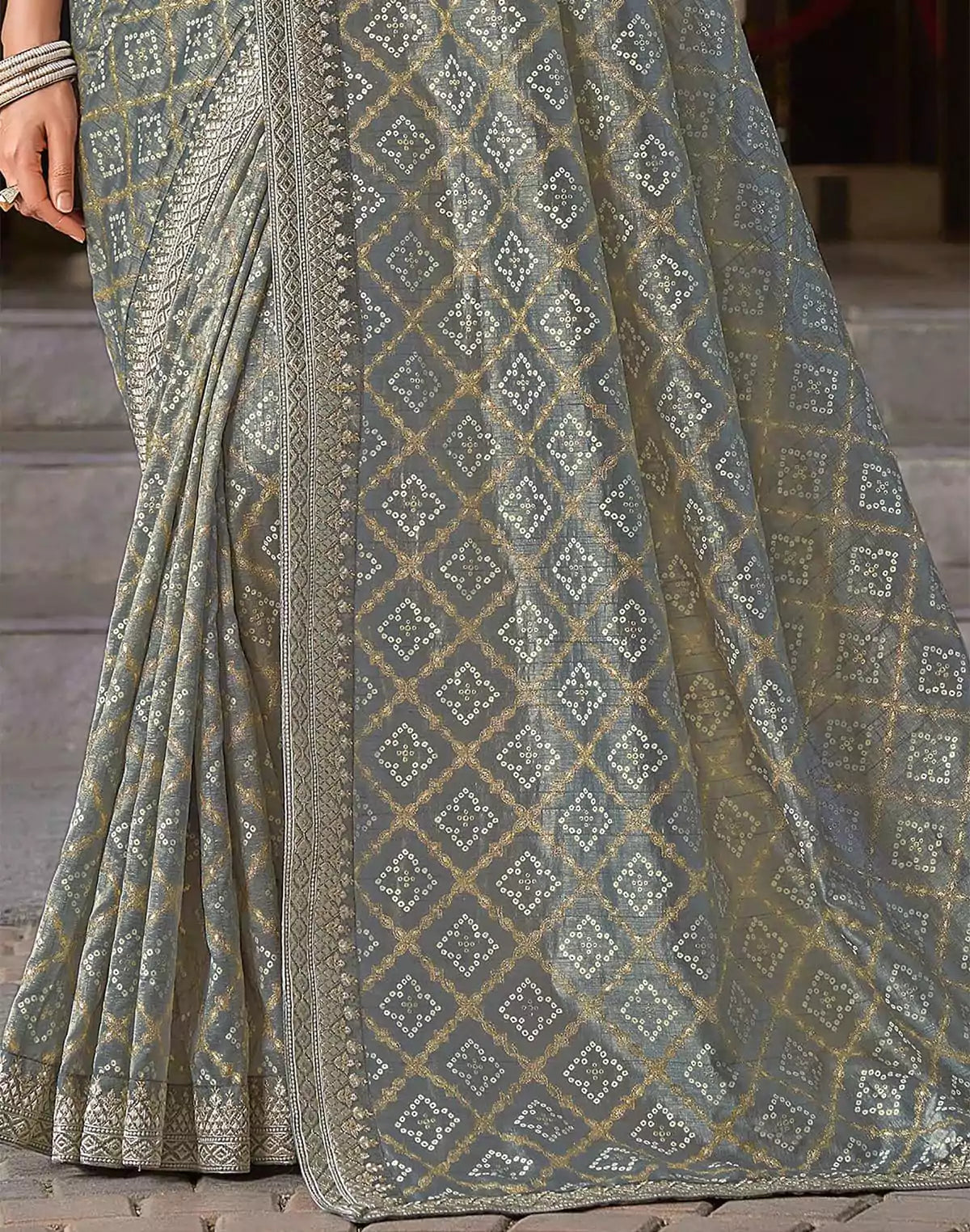 Image of Grey Bandhini Print Soft Dola Silk Saree with work Blouse