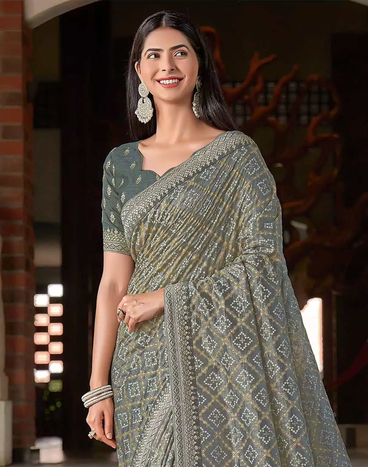 Image of Grey Bandhini Print Soft Dola Silk Saree with work Blouse